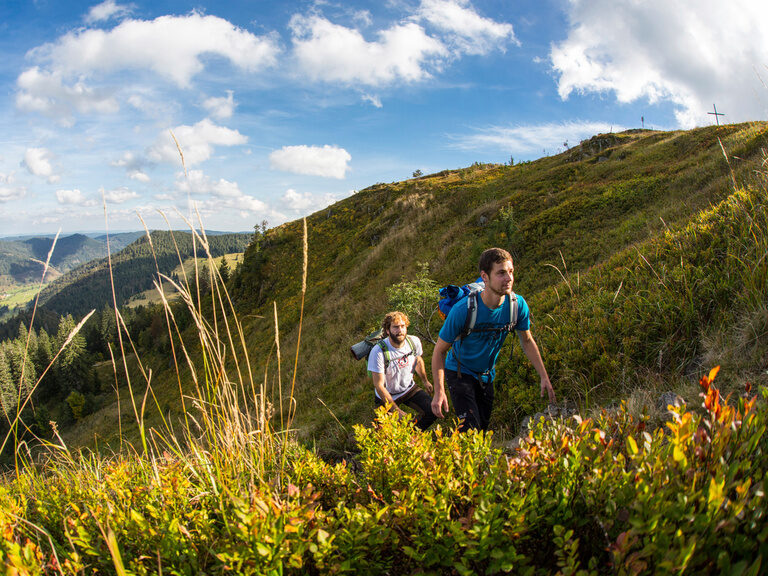 Zwei Wanderer erklimmen einen Hügel in den malerischen Bergen des Hochschwarzwalds.